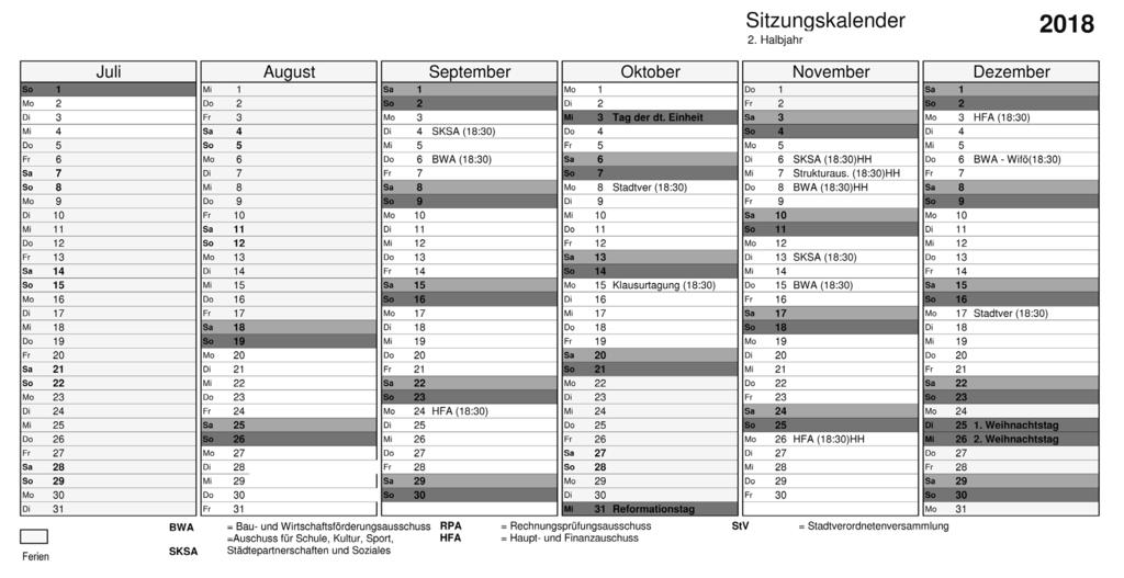 Sitzungskalender f r das Jahr 2018 Drucksache-Nr.: 2002/177 21.