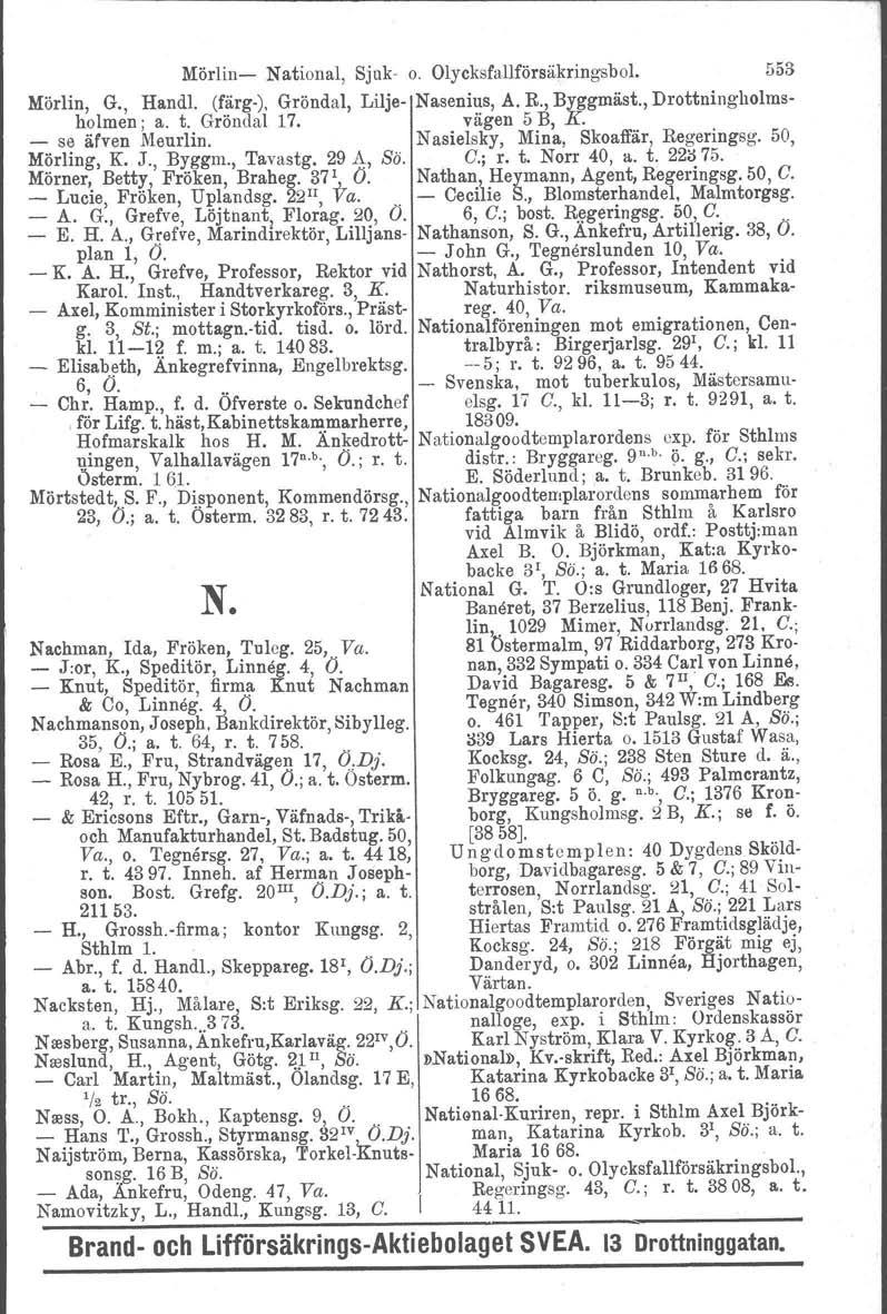 Mörlin National, Sjuk o. Olycksfallförsäkringsbol. 553 Mörlin, G., Handl. (färg), Gröndal, Lilje Nasenius, A. R., Byggmäst., Drottningholmsholmen ; a. t. Gröndal 17. vägen 5 B, K. _ s~ äfven Meurlin.