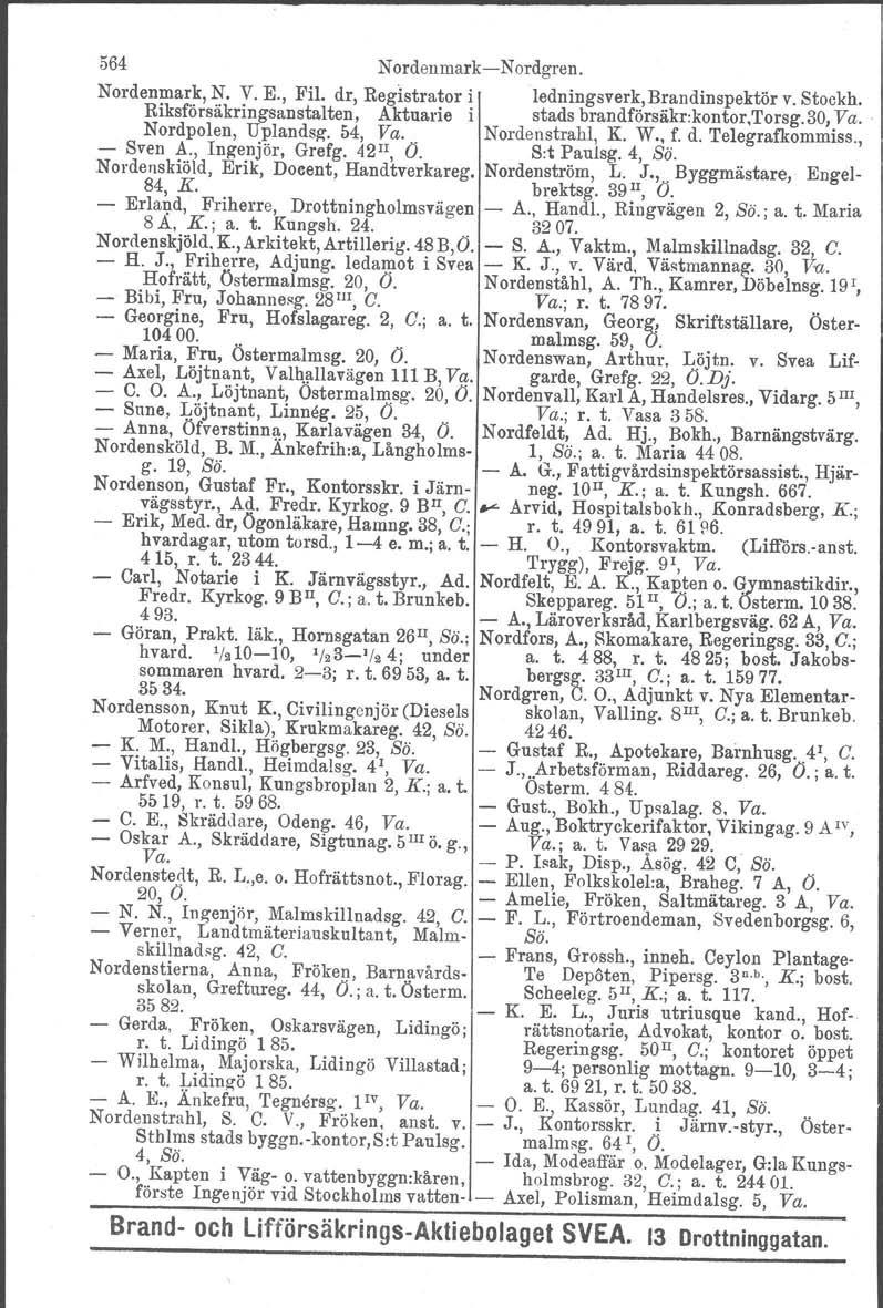 564 NordenmarkNordgren. Nordenmark, N. V. E., Fil. dr, Registrator i ledningsverk,brandinspektör v. Stockh. Riksförsäkringsanstalten, Aktuarie i stads brandförsäkr:kontor,torsg.30, Va.