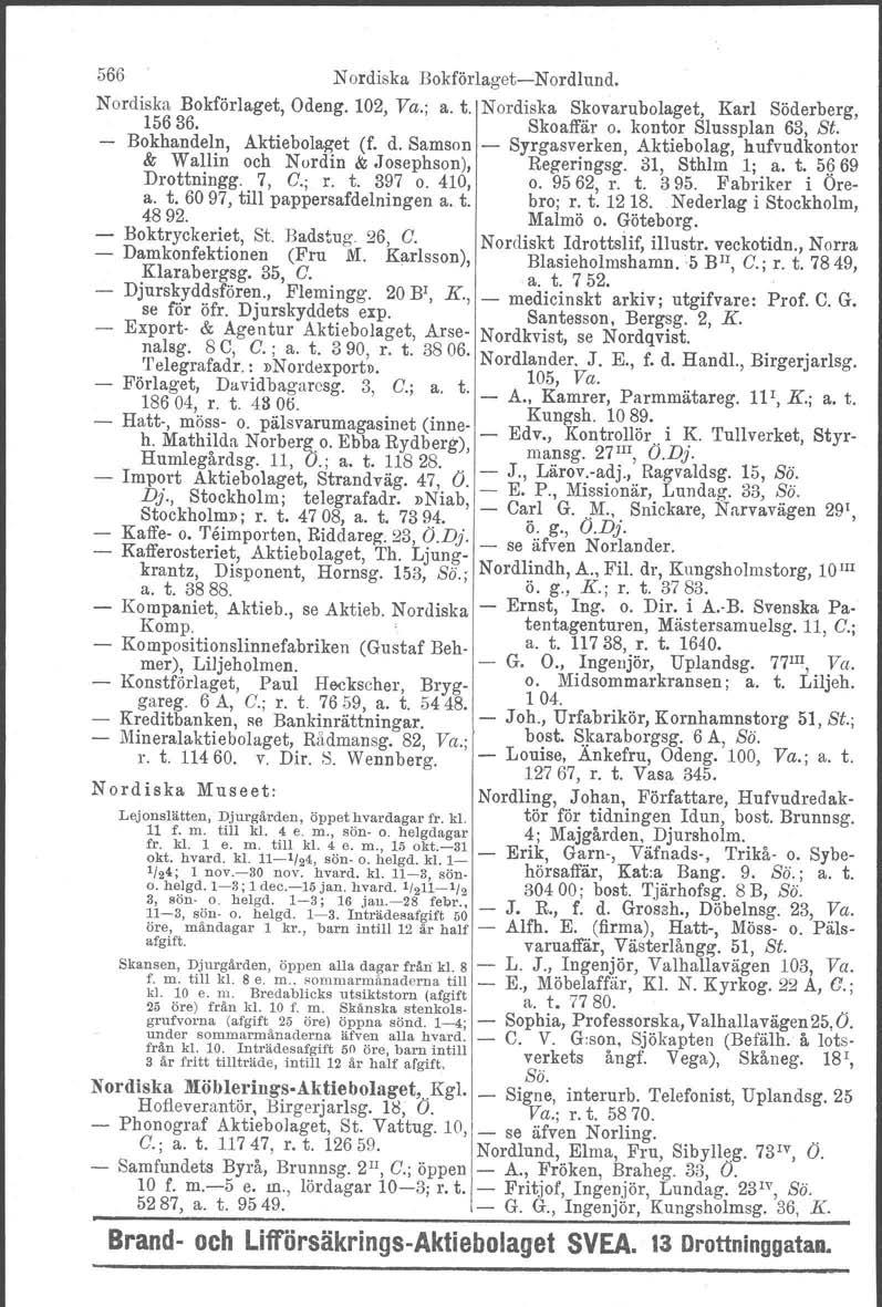 566 Nordiska BokförlagetNordlund. Nordiska Bokförlaget, Odeng. 102, Va.; a. t. Nordiska Skovarubolaget, Karl Söderberg, 15636. Skoaffär o. kontor Slussplan 63, Si. Bokhandeln, Aktiebolaget (f. d.