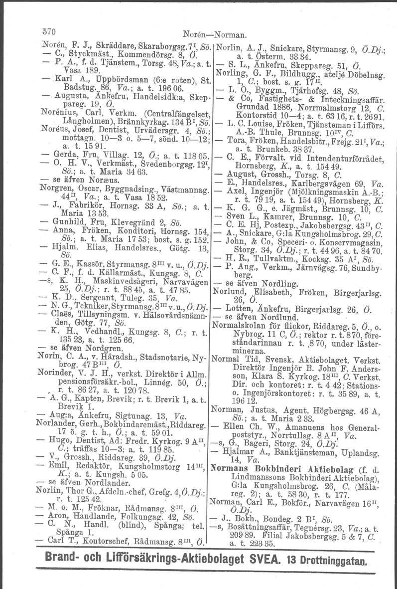 :;)70 NorenNorman. Noren, F. J., Skräddare, Skaraborgsg. 7 1, Sö. Norlin, s.s., Snickare, Styrmansg. 9, Ö.Dj.; C., Styckmäst., Kommendörsg. 8, Ö. a. t..osterm. 3334.. P. A., f. d. Tjänstem., Torsg.