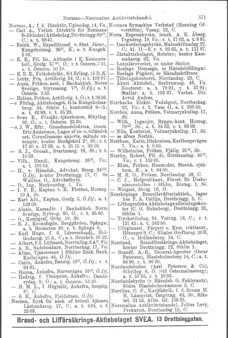 NormanNorrmalms Antikvitetshandel. 571 Norman, A., f. d. Direktör, Uplandsg, 14, Va. Nornans Symaskins Verkstad (Henning or. Carl A., Verkst. Direktör för Normans verström). Vasag. 12, C.