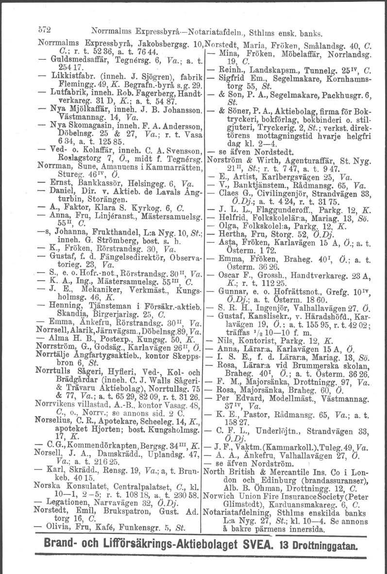 572 Norrmalms ExpressbyråNotariatafdeln., Sthlms ensk, banks. Norrmalms Expressbyrå, Jakobsbergsg. 10,Norstedt, Maria, Fröken, Smålandsg. 40, C. C.; r. t. 5236, a. t. 7644.