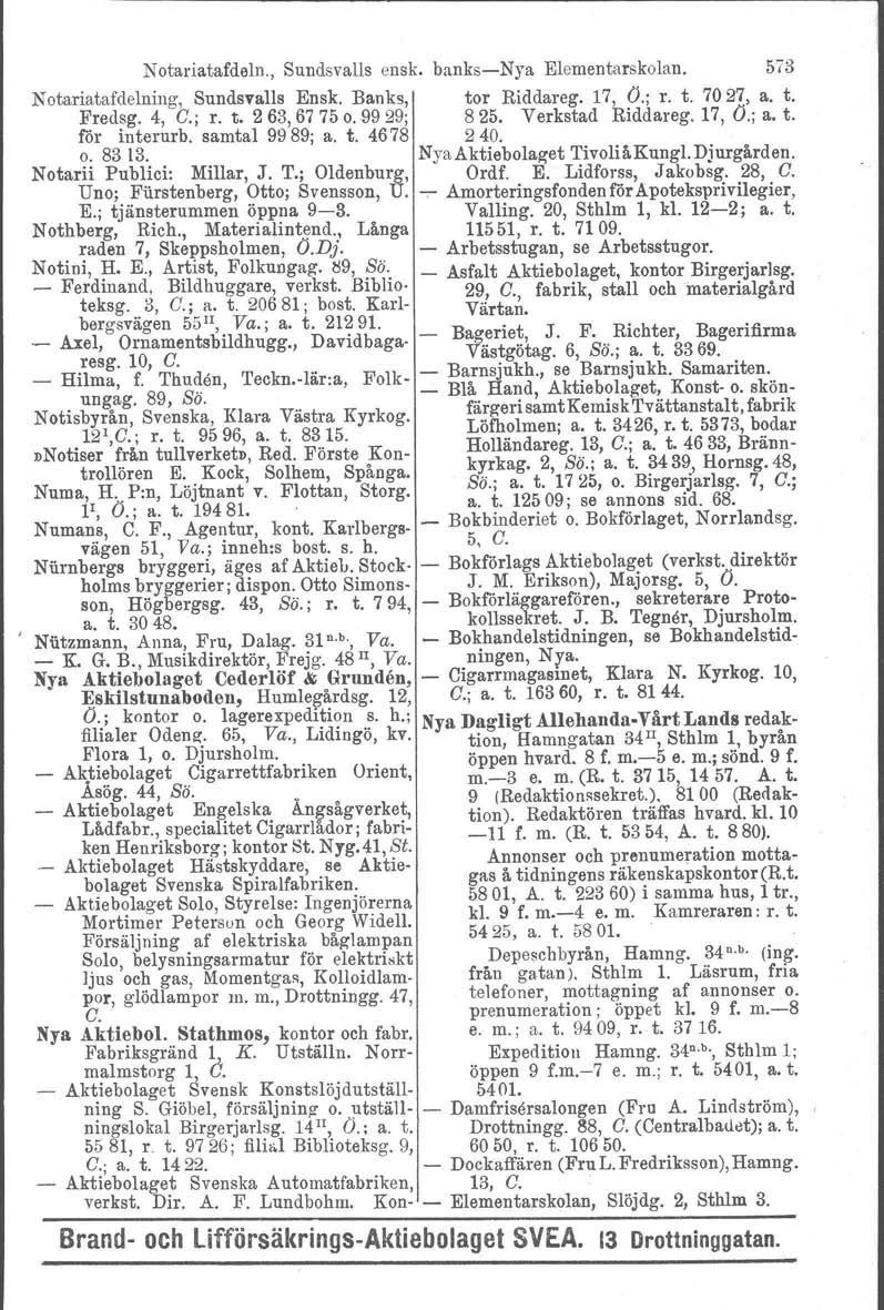 Notariatafdeln., Sundsvalls cnsk. banksnya Elementarskolan. 573 Notariatafdelning, Sundsvalls Ensk. Banks, tor Riddareg. 17, O.; r. t. 702~, a. t. Fredsg. 4, C.; r. t. 263,67750.9929; 825.