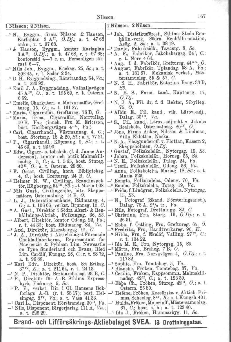 INH8IaD; 2 Nilson. ~ 1 Nilsson; 2 Nilson, Nilsson. 557 _I N., Byggm., firma Nilsson & Hanson, _1 J oh., Dlstrlktsförest., Sthlms Stads Ren Karlaplan 3 A 11, O.Dj.; a. t. 4768 hålln.