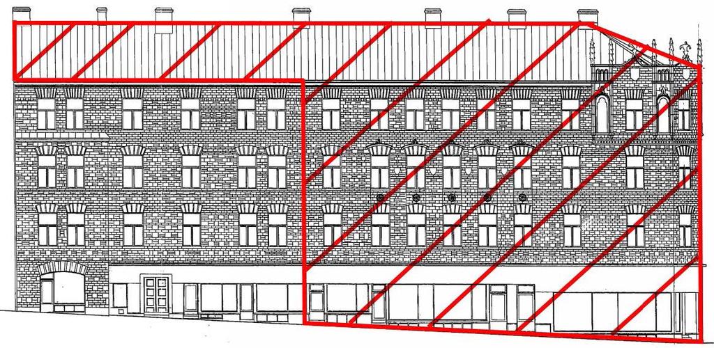 Fasad mot Jakobsbergsgatan. Rödmarkering visar utbränt område bakom fasaden.