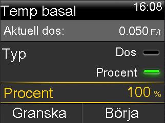 Starta en temp basaldos När du startar en temporär basaldos ändras din basaldosering till den temporära basaldosen under den tid som du har ställt in.