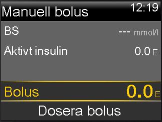 Dosera en Normal bolus med Manuell bolus I följande avsnitt beskrivs hur du doserar en Normal bolus med funktionen Manuell bolus. Gör så här för att dosera en Normal bolus med Manuell bolus: 1.