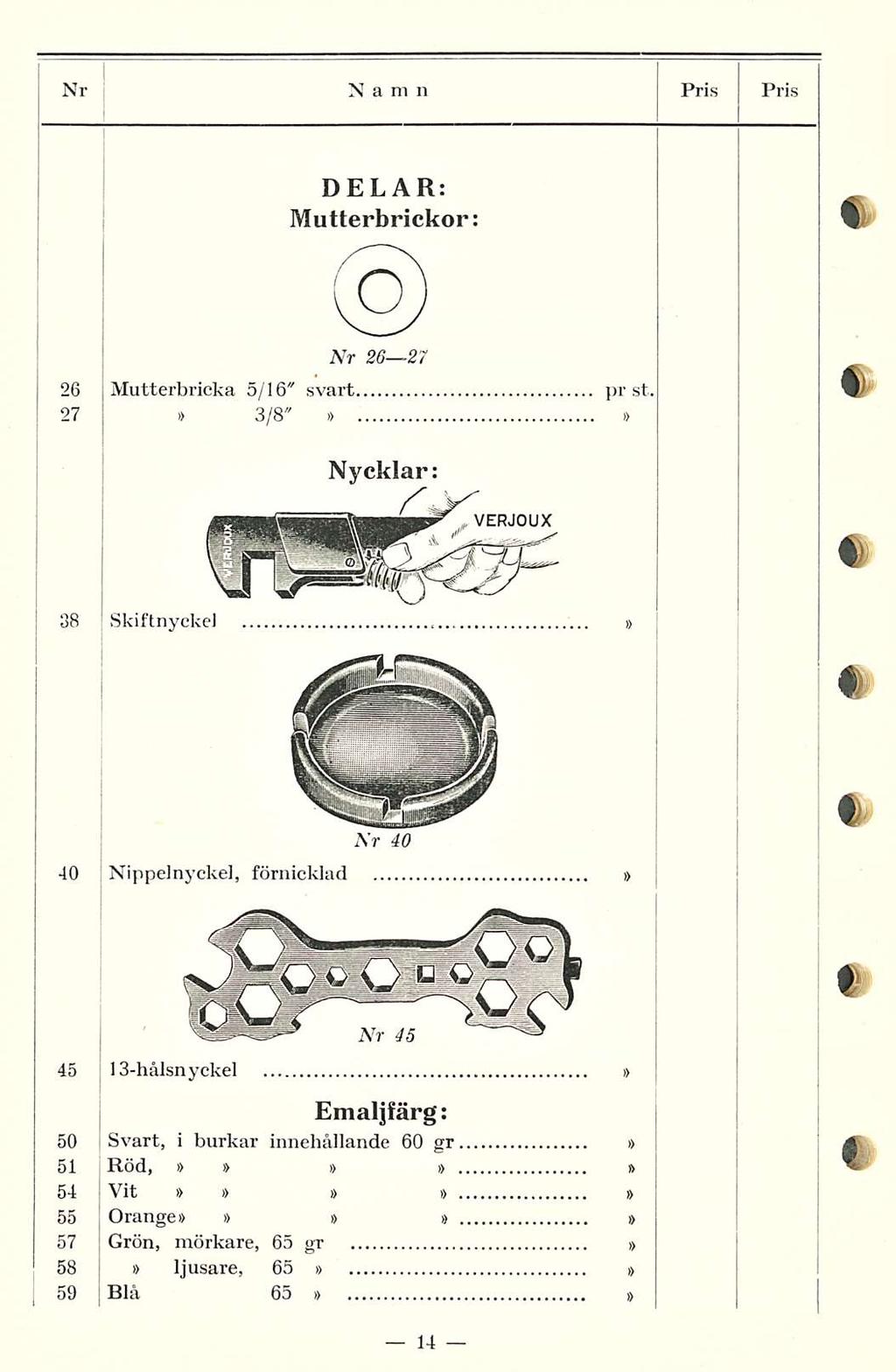 13-hålsnyckel Nr Namn Pris Pris DELAR: Mutterbrickor: Nr 26 27 26 Mutterbricka 5/16" svart pr st.
