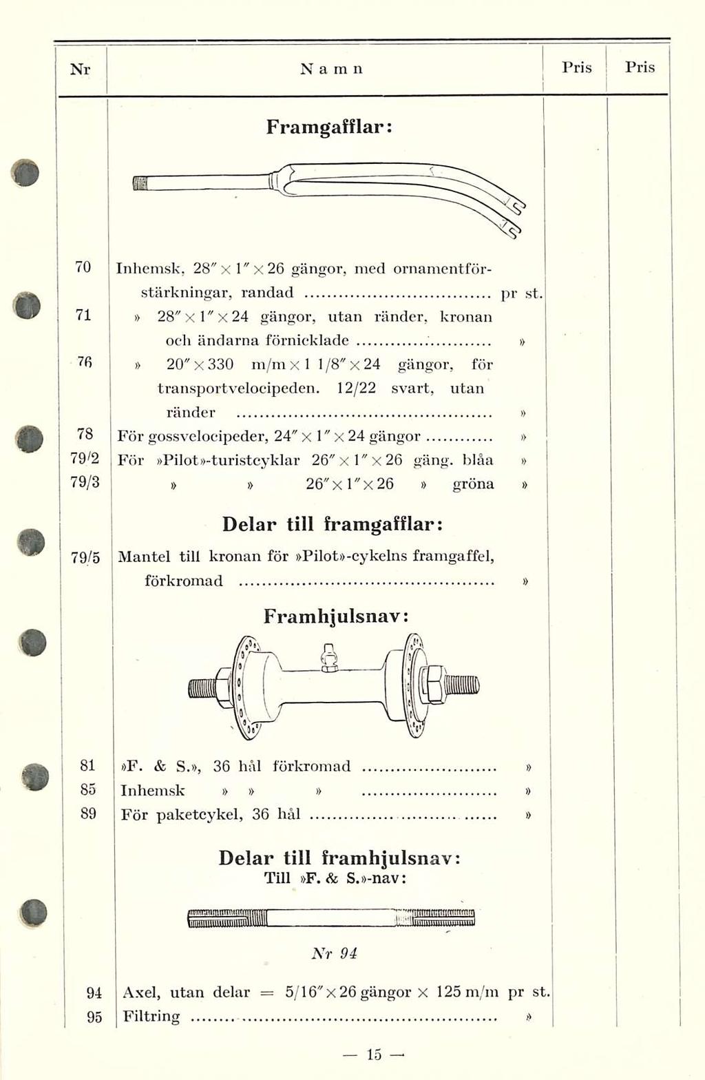 Nr Namn Pris PRIS Framgafflar: 70 Inhemsk, 28"x1"x26 gängor, med ornamentförstärkningar, randad 71 28" x 1" X 24 gängor, utan ränder, kronan pr st.