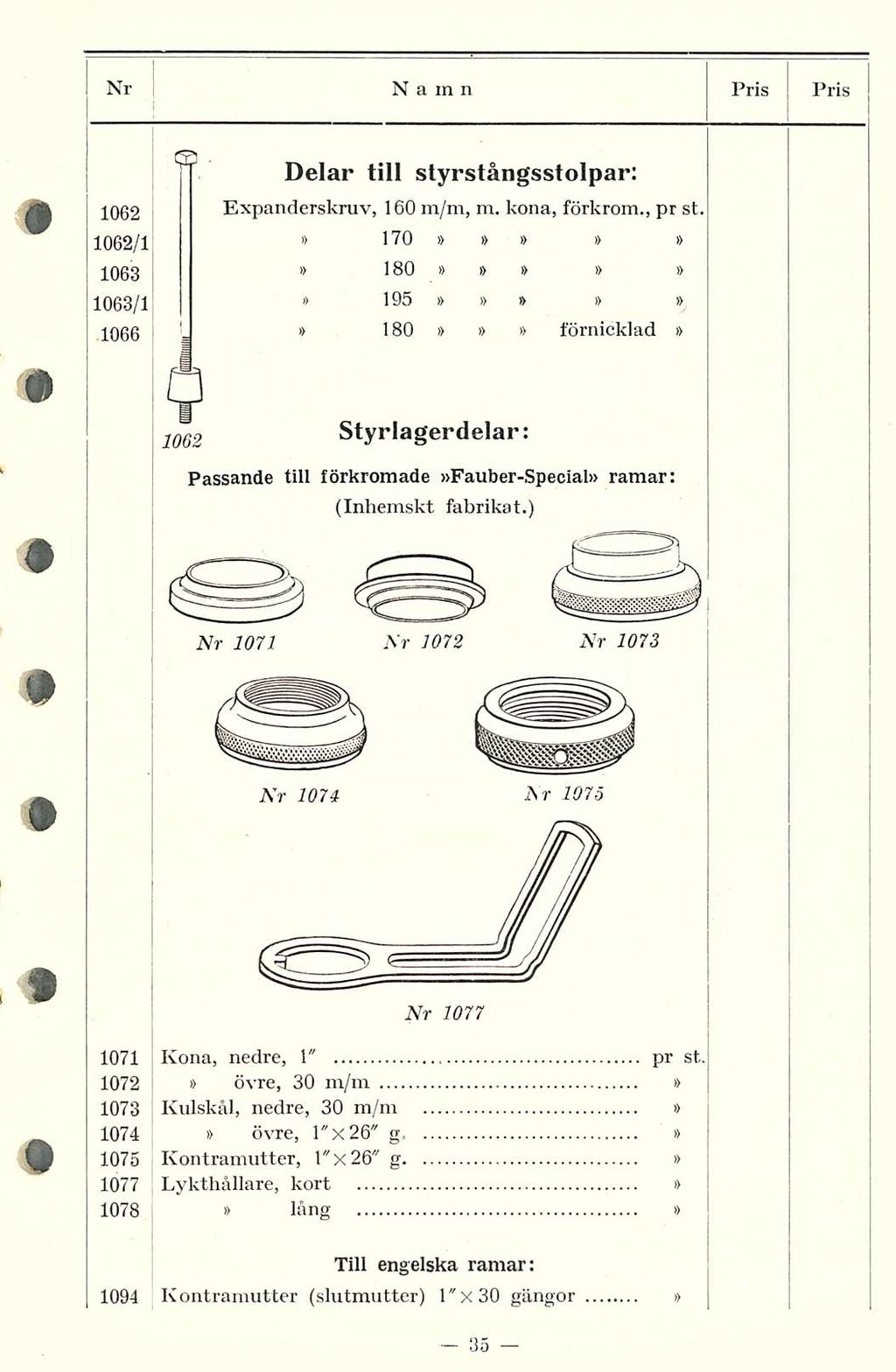 Nr Namn Pris PRIS 1062 1062/1 1063 1063/1,1066 Delar till styrstångsstolpar: Expanderskruv, 160, m. kona, förkrom., pr st.