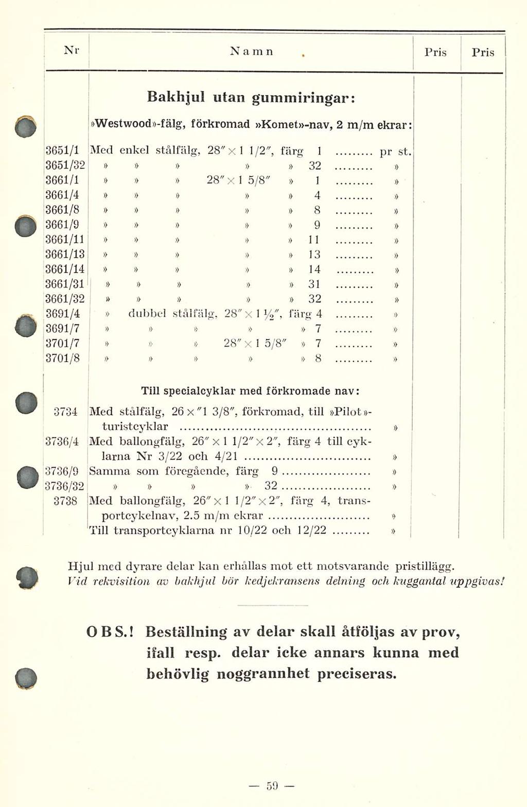 Nr Namn Pris Pris Bakhjul utan gummiringar: Westwood-fälg, förkromad Komet-nav, 2 ekrar: 3651/1 Med enkel stålfälg, 28" x 1 1/2", färg I pr st.