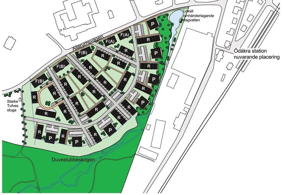 Figur 2 Planerad byggnation på fastighet Duvestubbe 1:1 med bostäder i upp till 5 plan, gator, parkeringsplatser och dagvattenmagasin.