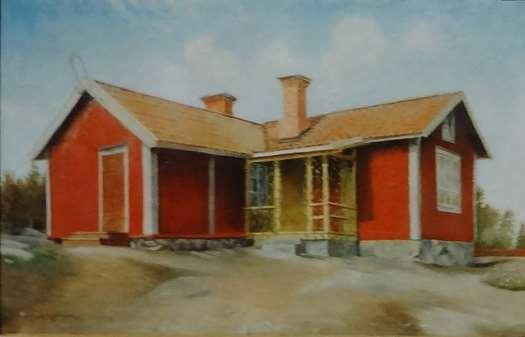 , oljemålning, ca 60 x 100 cm. Ingvar Gustavsson: Det här är huset där min mormor och morfar bodde. De flyttade dit 1906.