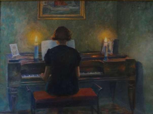 Margot spelar piano Oljemålning på duk 1940, 65 x 87 cm. Målningen finns på Mikaelsgården. I oktober 1944 har Edvard tillsammans med John Sköld en utställning på Stadshotellet.
