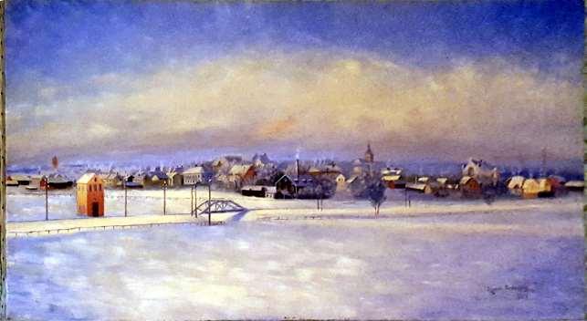 , oljemålning 1924, ca 50 x 100 cm. Utsikt mot stan från Östaberg där bodde under en tid. Gamla vattentornet till vänster.