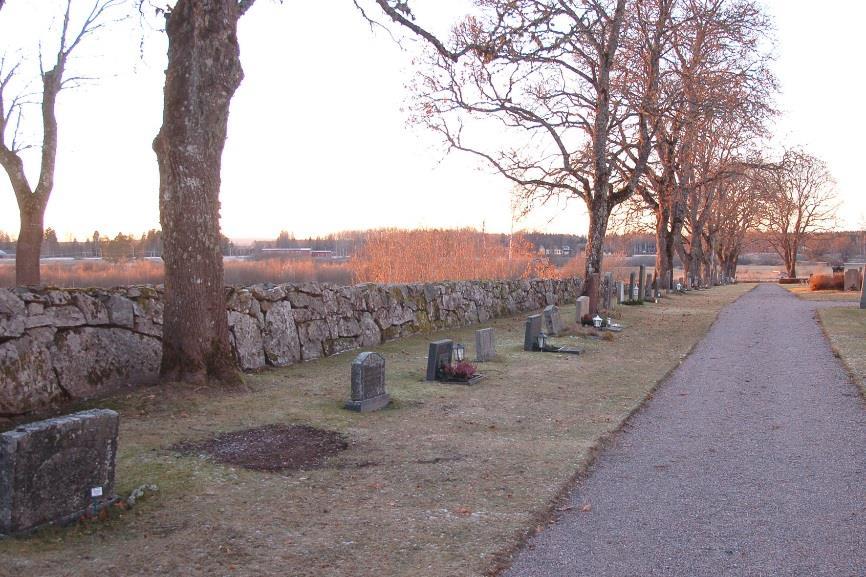 et längs muren Det långa kvarter som följer kyrkogårdsmurens södra, västra och norra sida domineras, i likhet med många andra kyrkogårdar, av stora och i många fall påkostade familjegravar.