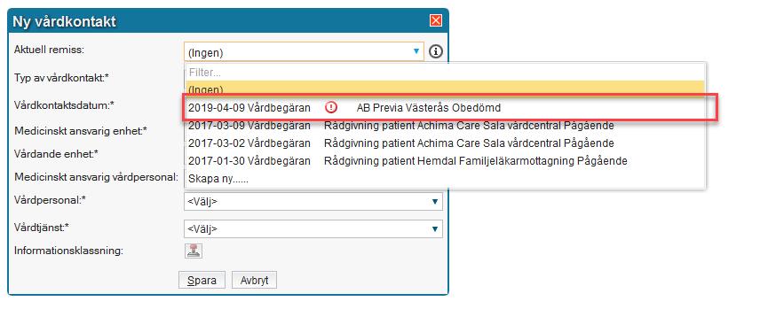 Akutmärkta remisser kan accepteras direkt i remissväljaren när ny vårdkontakt skapas När en ny vårdkontakt skapas i journalen visas akutmärkta remisser som har