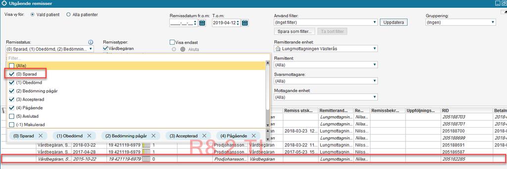 Sparade remisser i fönstret Utgående remisser När man öppnar Utgående remisser ingår Status 0 (Sparad) som standard i filtret för alla pågående remisser.