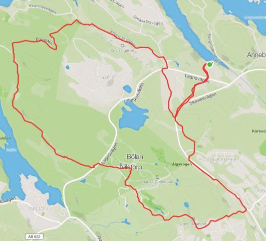 Golfrundan Beskrivning: Lättcyklade stigar och spår och en kort bit på asfalt. Avstickaren upp mot området Björnkärret strax efter start har en kuperad passage med en del rötter och stenar.