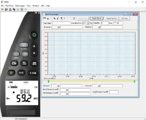 Samla in realtidsdata i diagram (kurvform) Slå först På ljudnivåmätaren och ansluta sedan till dator/pc med medföljande USB-kabel. Starta SE-392 programmet på datorn.
