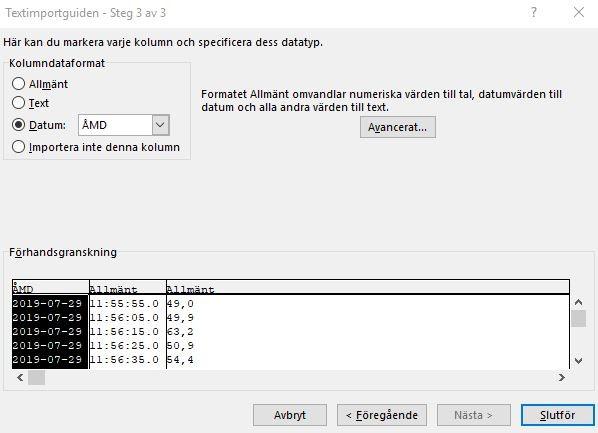 Excel har då en Textimportguide som man följer, se bilder till höger.