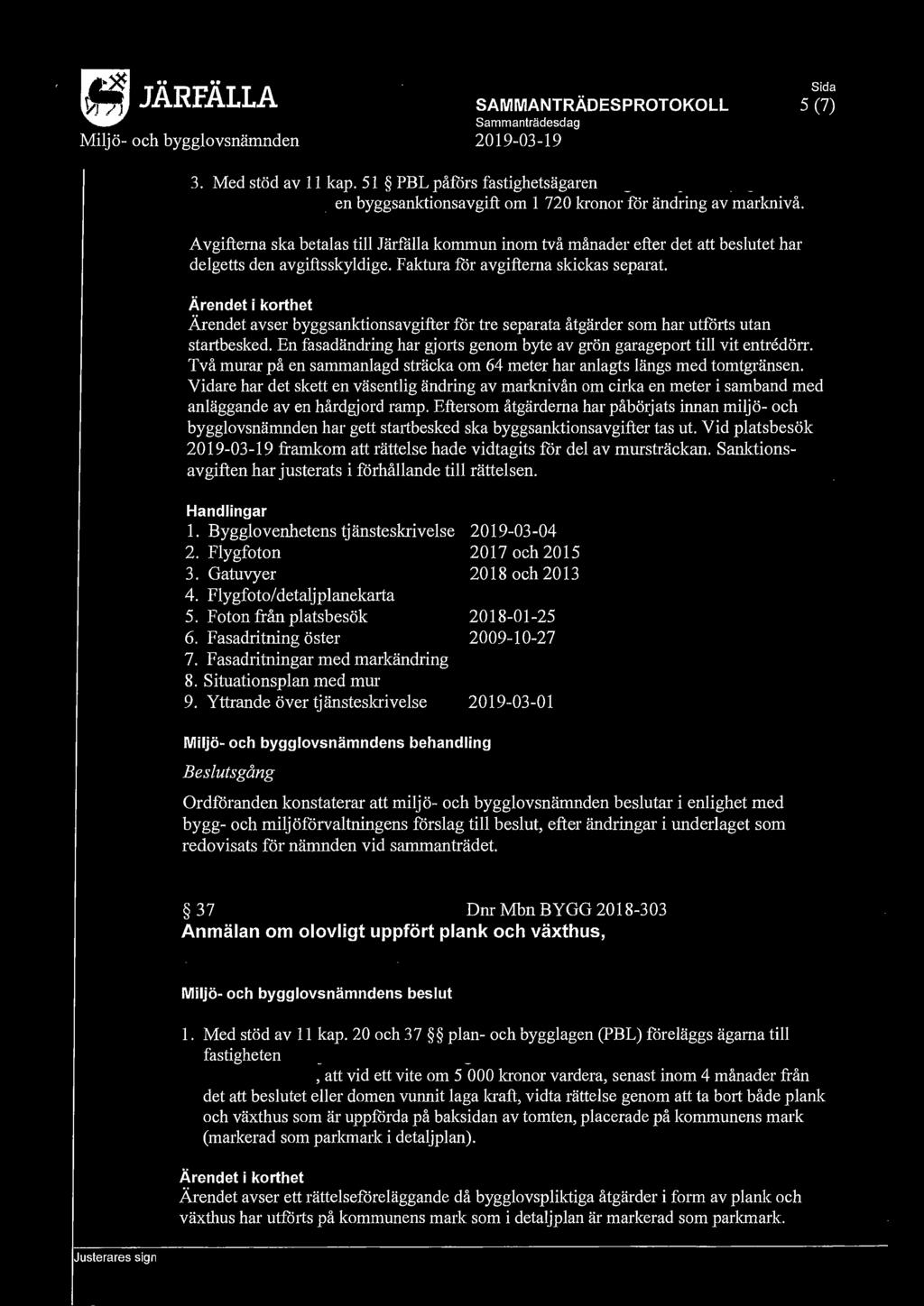 CJ1ÄRFÄLLA Miljö- och bygglovsnärnnden 2019-03-19 SAMMANTRÄDES PROTOKOLL 5 (7) 3. Med stöd av 11 kap. 51 PBL påförs fastighetsägaren en byggsanktionsavgift om 1 720 kronor för ändring av marknivå.