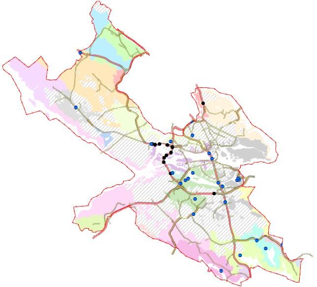 Sida 22 (43) Bild 6. Kartan visar de mest trafikerade vägarna och Trafikverkets och Stockholm Vatten och Avfalls dagvattenanläggningar. Svarta ringar = Trafikverkets anläggningar.