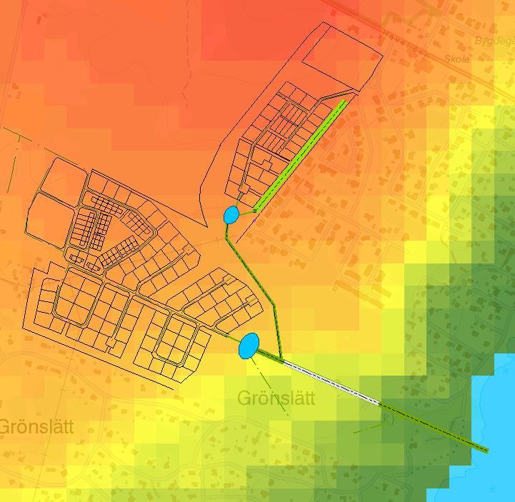 Våtmark och befintlig bebyggelse i Grönslätt Figur 10 - Höjdmodell GIS 50 grid + (Lantmäteriet) Höjdskillnaderna mellan våtmarken och den befintliga bebyggelsen i