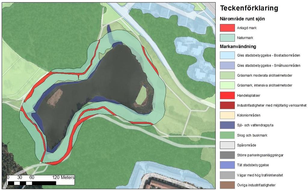 Figur 7 Närområdet runt sjön är markerad med en grön bufferzon. Anlagd mark är markerad med röd färg och grön färg markerar att där finns naturmark.