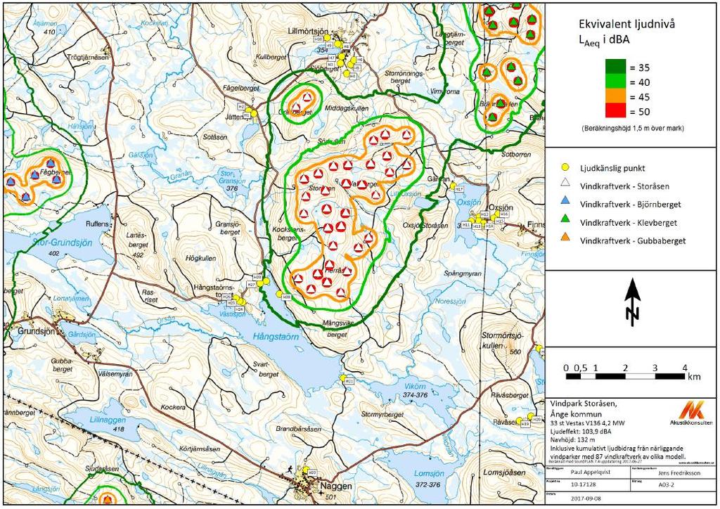 Figur 1 Karta med vindpark Storåsen (vit triangel), vindpark Björnberget (blå triangel), vindpark Klevberget (grön triangel), vindpark Gubbaberget (orange triangel) samt ljudkänsliga punkter (gul