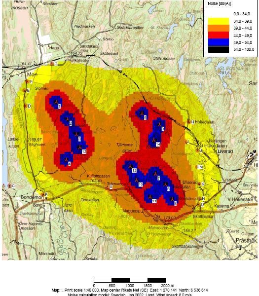 Figur 4. Ljudutbredning från ett utformningsalternativ. 4.2 Påverkan på landskapsbild Vindkraftverk placeras med fördel på höjdpartier för att erhålla optimala vindförhållanden.