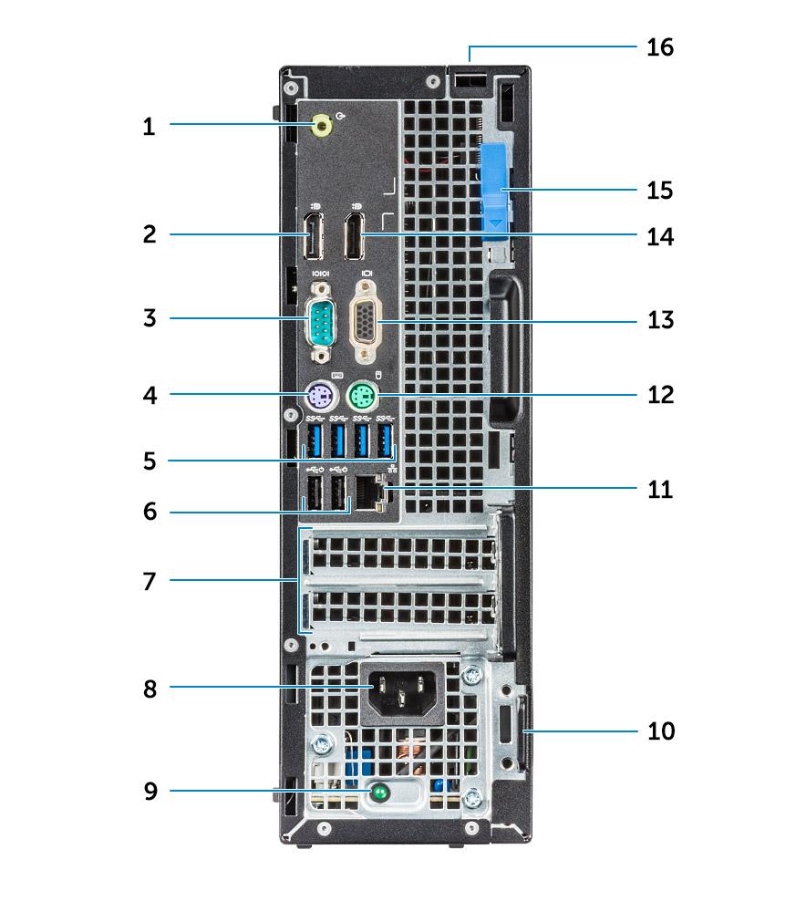 Chassit bakifrån Radeon R7 A-serien APU 1 Utgångsport 2 DisplayPort-anslutning 3 Seriell port 4 PS/2-tangentbordsport 5 USB 3.0-portar 6 USB 2.