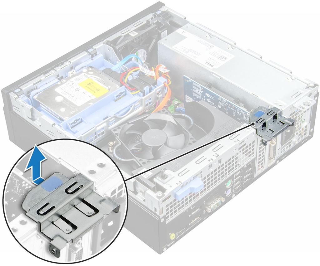 4 Så tar du bort PCIe-expansionskortet: a Dra i spärrhaken för att låsa upp PCIe-expansionskortet [1].