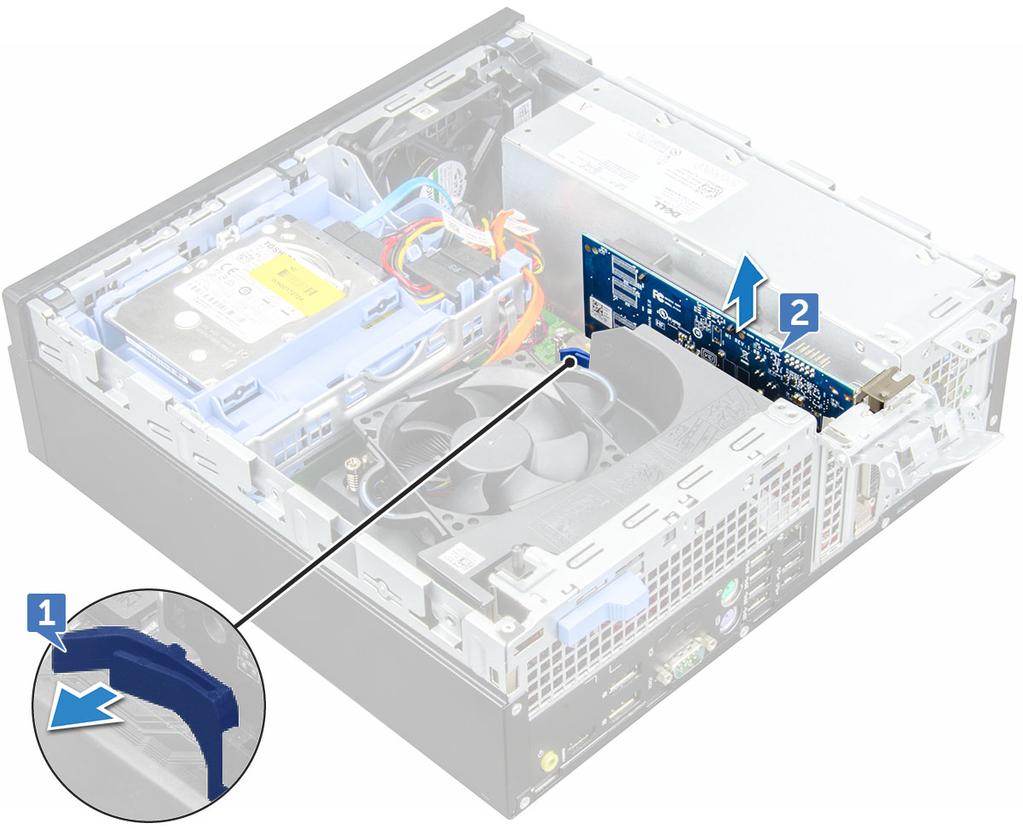 5 Upprepa stegen för att ta bort eventuella ytterligare PCIe-expansionskort. Installera PCIe-expansionskortet 1 Sätt i expansionskortet i kontakten på moderkortet.