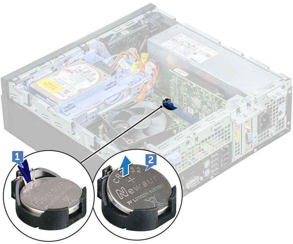 b Ta bort knappcellsbatteriet från kontakten på moderkortet [2]. Installera knappcellsbatteriet 1 Håll knappcellsbatteriet med "+" uppåt och för in det under hållarna vid kontaktens pluspol.