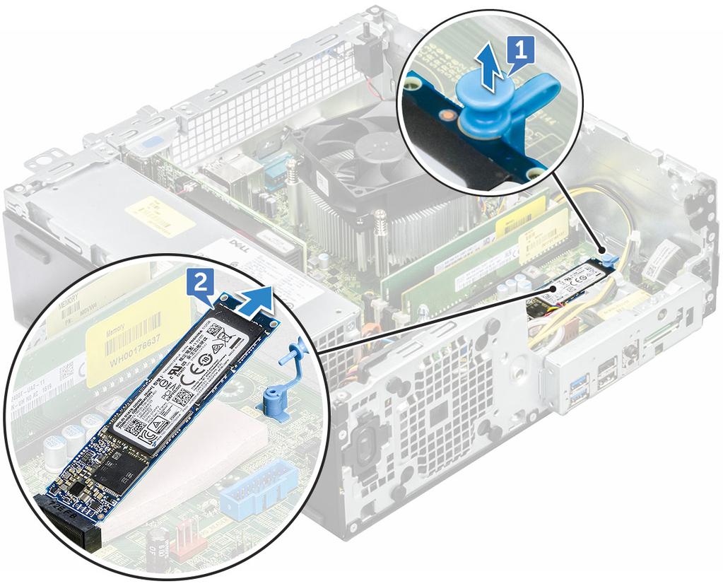 b c d kylhölje frontramen kåpan 7 Följ anvisningarna i När du har arbetat inuti datorn. M.2 PCIe SSD Ta bort M.2 PCIe SSD 1 Följ anvisningarna i Innan du arbetar inuti datorn.