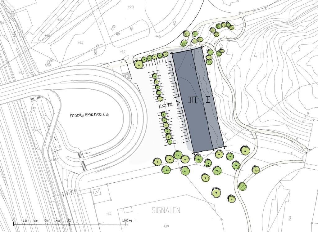 Programförslaget Planerad bebyggelse Förslaget innebär att en två till tre våningar hög byggnad placeras öster om vägrampen.