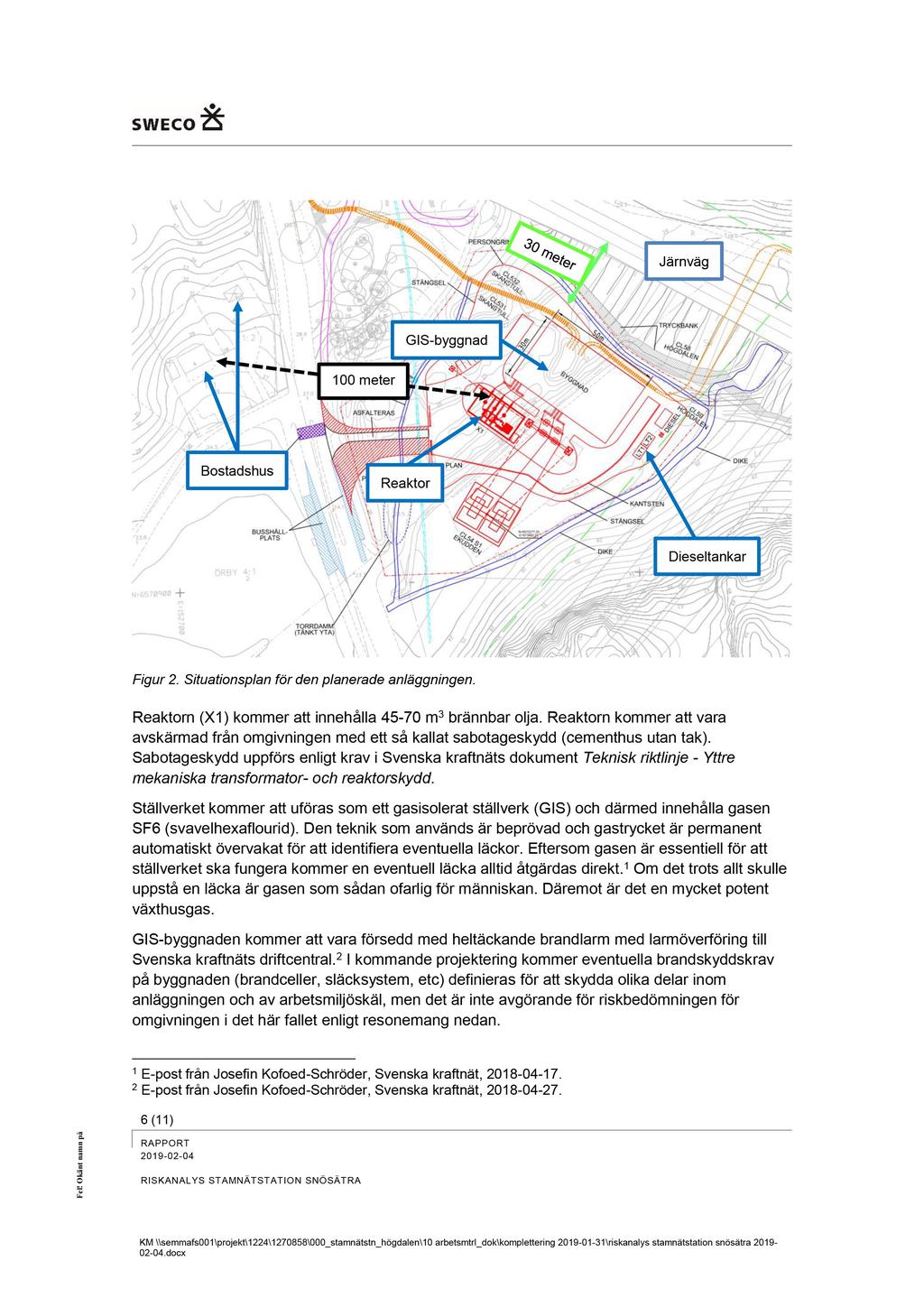 Järnvä g GIS - byggnad 10 0 meter Bostadshus Reaktor Dieseltankar Figur 2. Situationsplan för den planerade anläggningen. Reaktorn (X1 ) kommer att innehålla 45-70 m 3 brännbar olja.