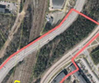 1. Översiktsbild över centrala Jordbro och dess omgivning där aktuellt planområde för ny bebyggelse är rödmarkerat. 2.