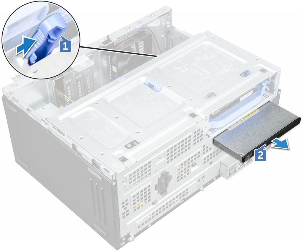 Installera den optiska enheten 1 Sätt i den optiska enheten i det optiska enhetsfacket tills den klickar på plats. 2 Öppna frontpanelsluckan. 3 Dra datakabeln och strömkabeln under enhetslådan.