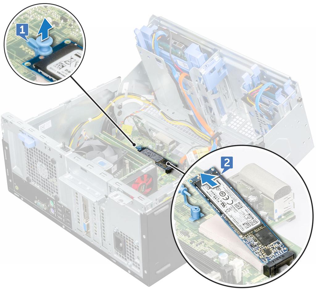 3 Ta bort frontpanelsluckan. 4 Så här tar du bort M.2 PCIe SSD-enheten: a Dra i den blå plastfliken som håller fast M.2 PCIe SSD-enheten på moderkortet [1]. b Koppla loss M.