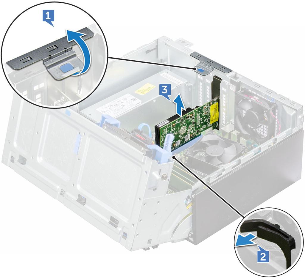 Expansionskort Ta bort PCIe-expansionskortet 1 Följ anvisningarna i Innan du arbetar inuti datorn. 2 Ta bort: a b kåpan frontramen 3 Ta bort frontpanelsluckan.