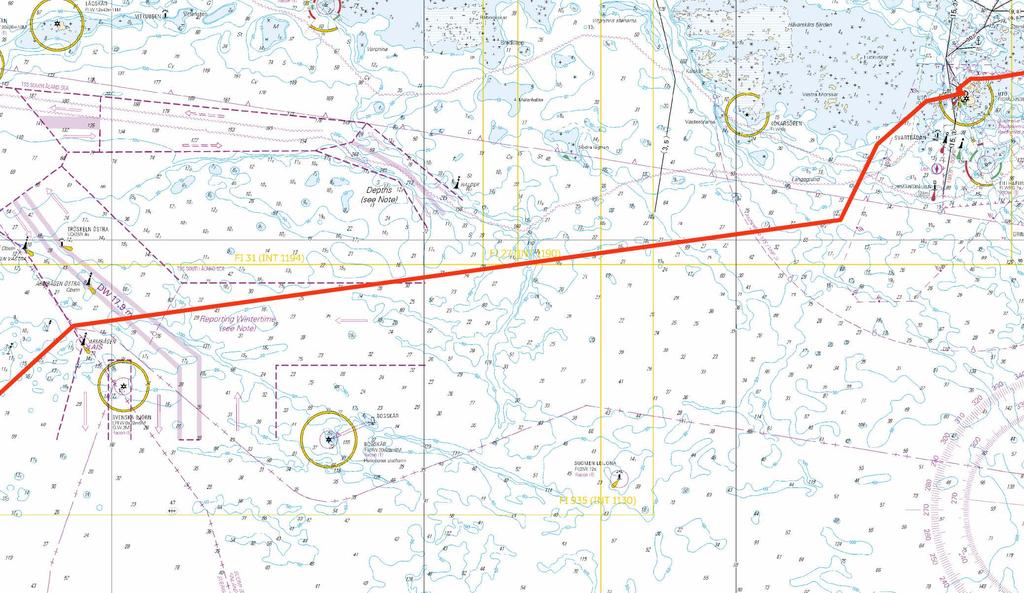 Kuva viitteeksi, karttaotteet ei merikartan mittakaavassa / Bild för referens, kortutdrag inte i sjökortets skala / Image for reference, chart extracts not to scale of chart ( Eastern Light Finland 1