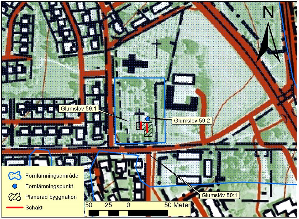 Hela byggnadsytan totaldetekterades. Schakt dokumenterades i plan i skala 1:50 och schaktväggar dokumenterades i sektion i skala 1:20.