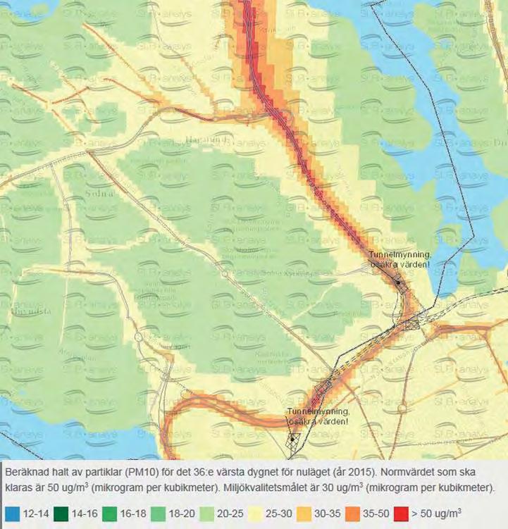 Figur 41. Översiktlig beräkning av partikelhalter, PM10, år 2015. Källa: SLB-analys.