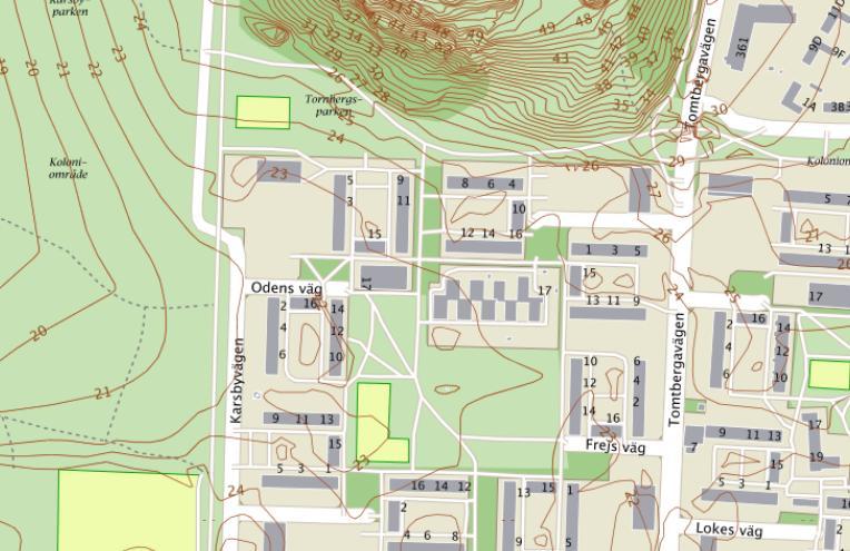 Utredningsområdet Figur 4. Höjdkurvor kring fastigheten Freja 6 3, grönområdet i den södra delen av utredningsområdet utgör i nuläget parkmark, Anemonparken.
