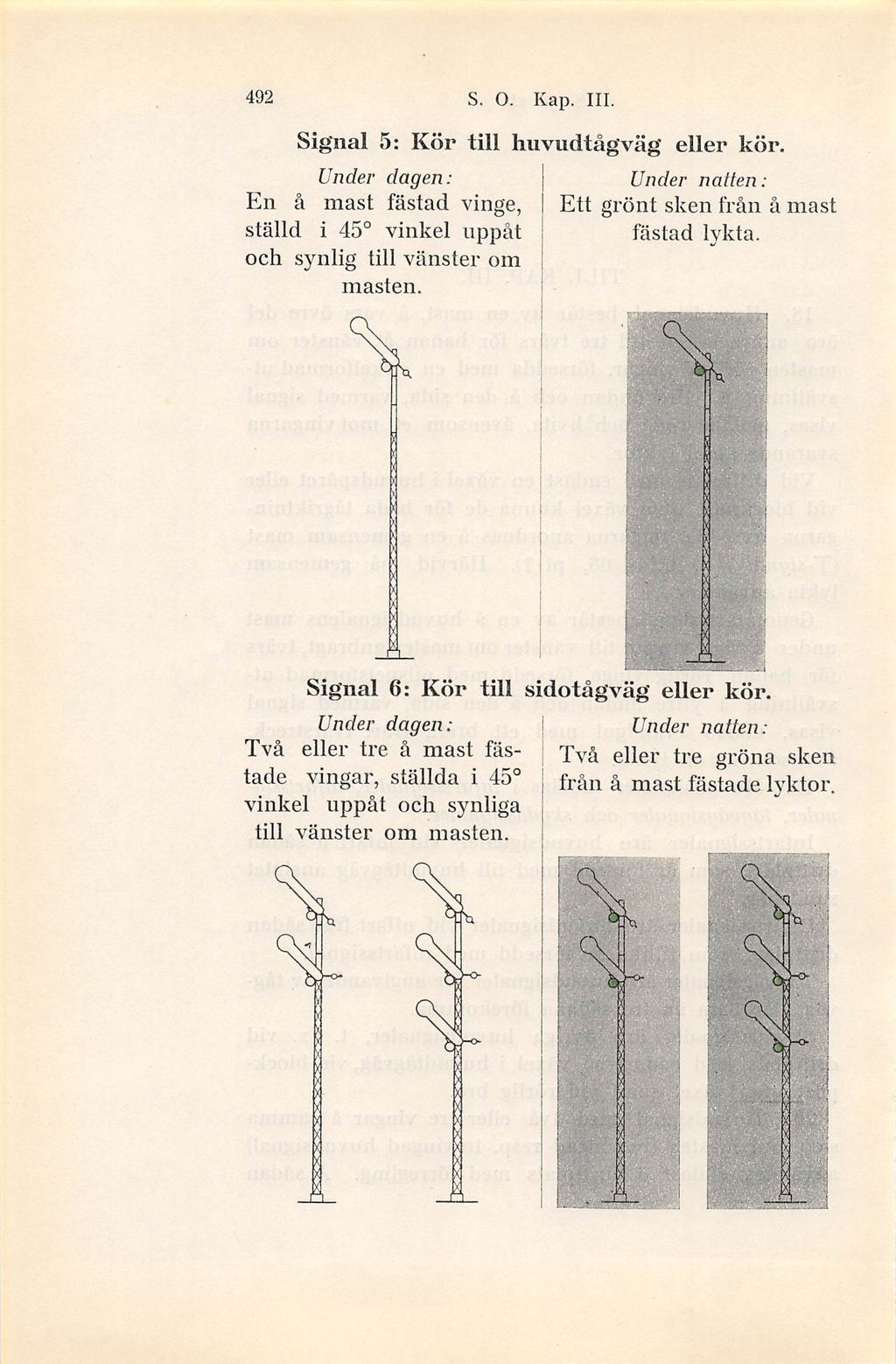 492 S. O. Kap. III. Signal 5: Kör till huvudtågväg eller kör. En å mast fästad vinge, ställd i 45 vinkel uppåt och synlig till vänster om masten. Ett grönt sken från å mast fästad lykta.