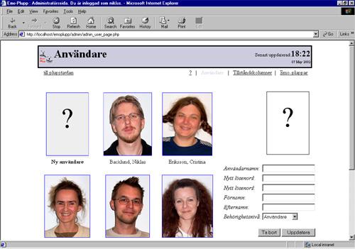 Uppe till höger på sidan finns ett fomulär och en bild. Det är där du kan lägga till, ta bort eller uppdatera användare.
