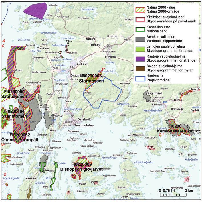 Figur 7-13. Naturaområden, andra skyddsområde och områden som hör till något skyddsprogram i projektområdets omgivning (Miljö- och geoinformationstjänsten OIVA). 7.7 Landskap och kulturmiljö 7.7.1 Allmän beskrivning av landskapet Projektområdet ligger i den sydvästra skärgården, närmare bestämt i kustskärgården.